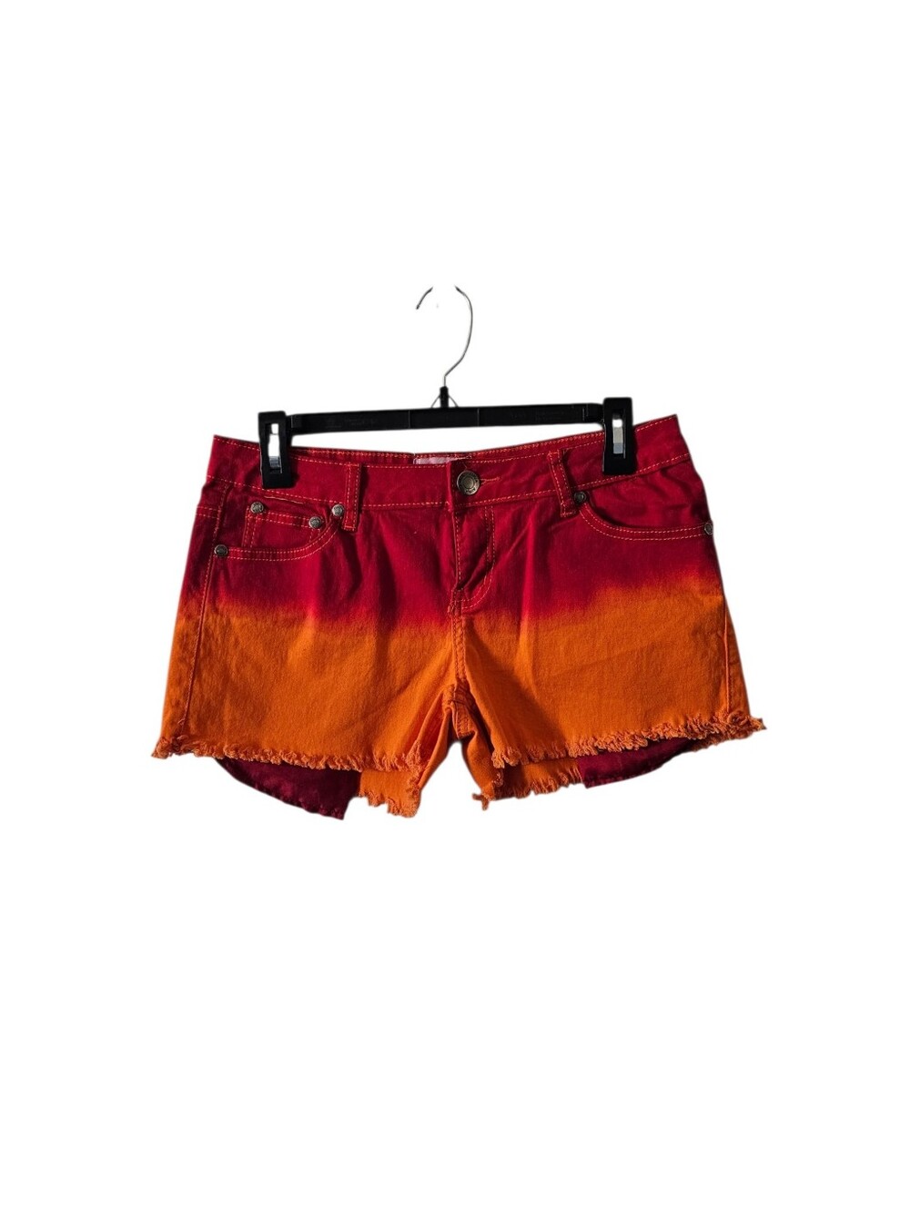 Aviva Denim Shorts Size 9 Low Rise Red Orange Ombre Dip Dye Raw Hem Festival
